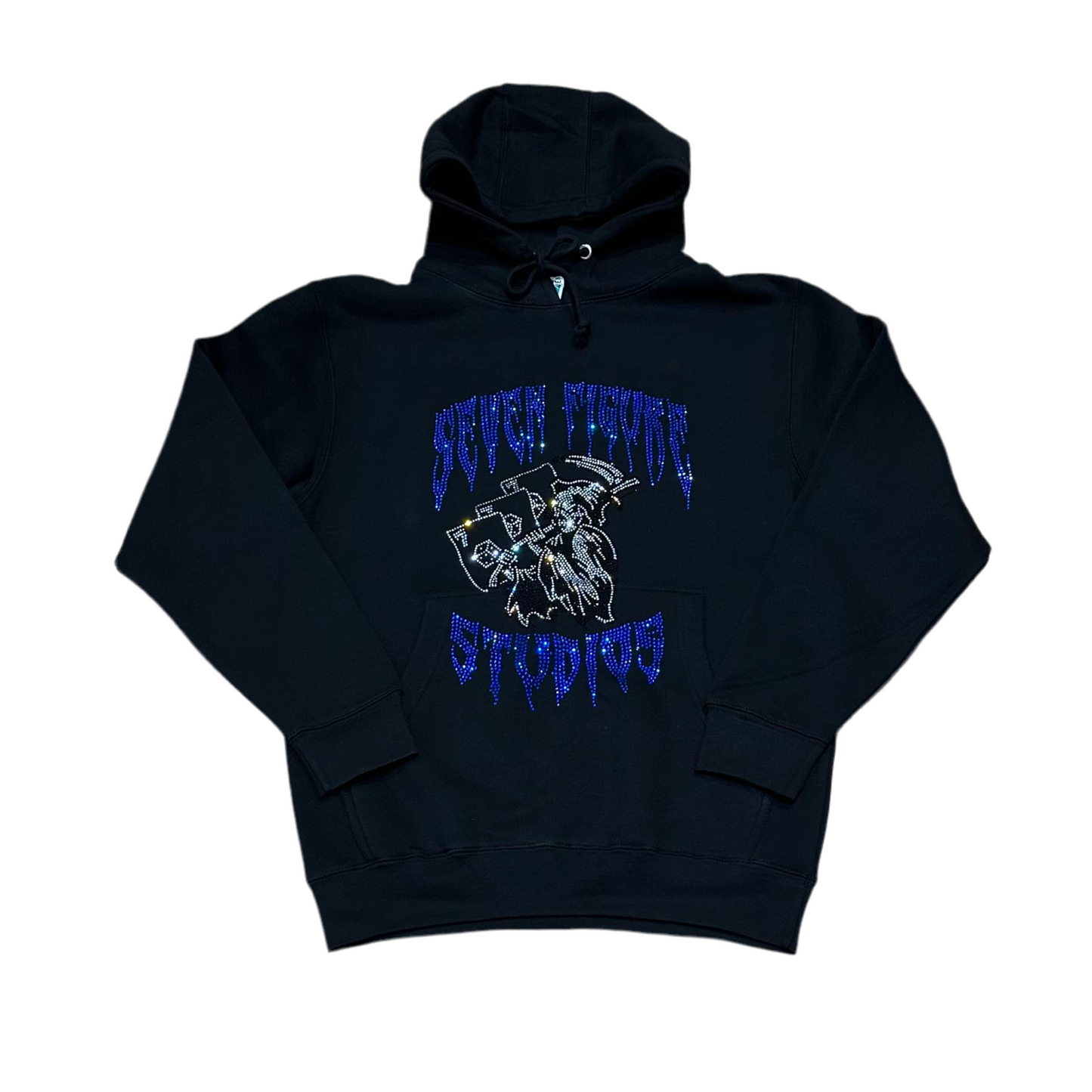 Black hoodie with blue rhinestone Lucky 7's graphic by 7 Figure Studios.