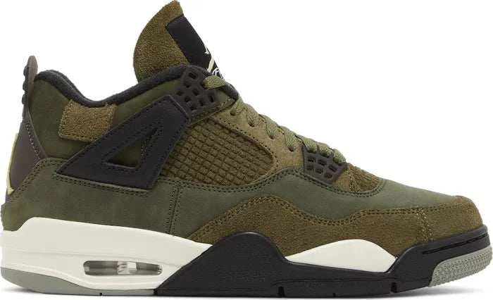 Jordan 4 Retro SE Craft sneaker in Medium Olive colorway showcasing a classic silhouette with earthy tones