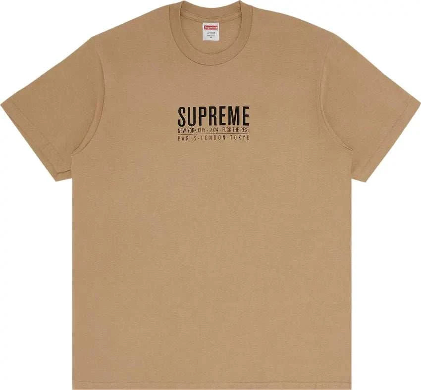 Supreme Paris Khaki Tee Shirt in minimalist Parisian streetwear style with versatile khaki color and clean silhouette