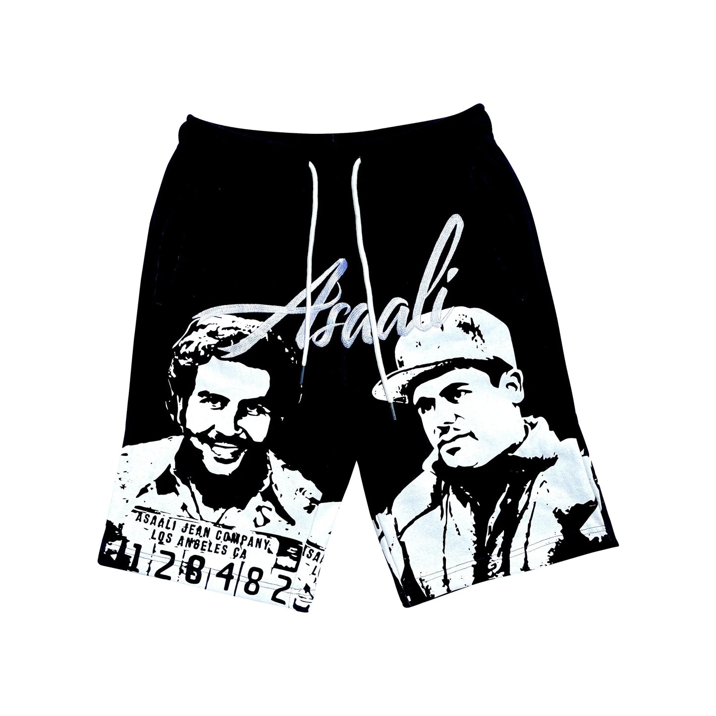 ASAALI OG CARTEL SHORTS in Oreo colorway with bold streetwear design