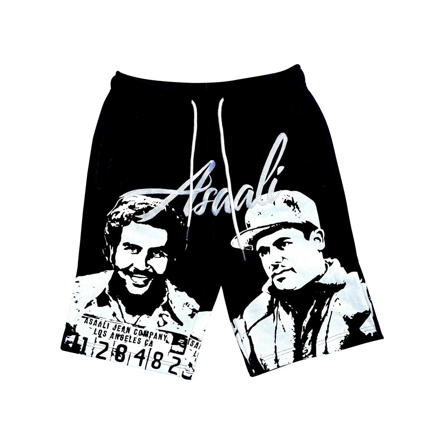 ASAALI OG CARTEL SHORTS in Oreo colorway with bold streetwear design