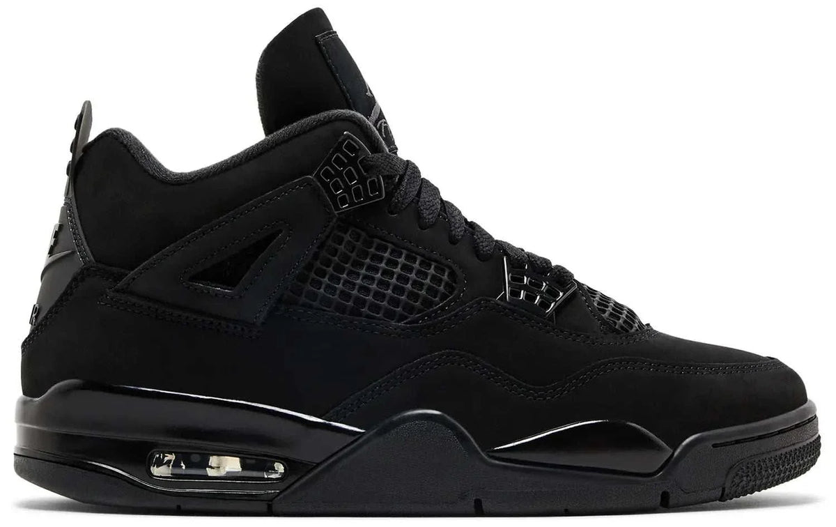 Jordan 4 Black Cat black leather sneaker with mesh side panels, molded eyelets and visible Air cushioning