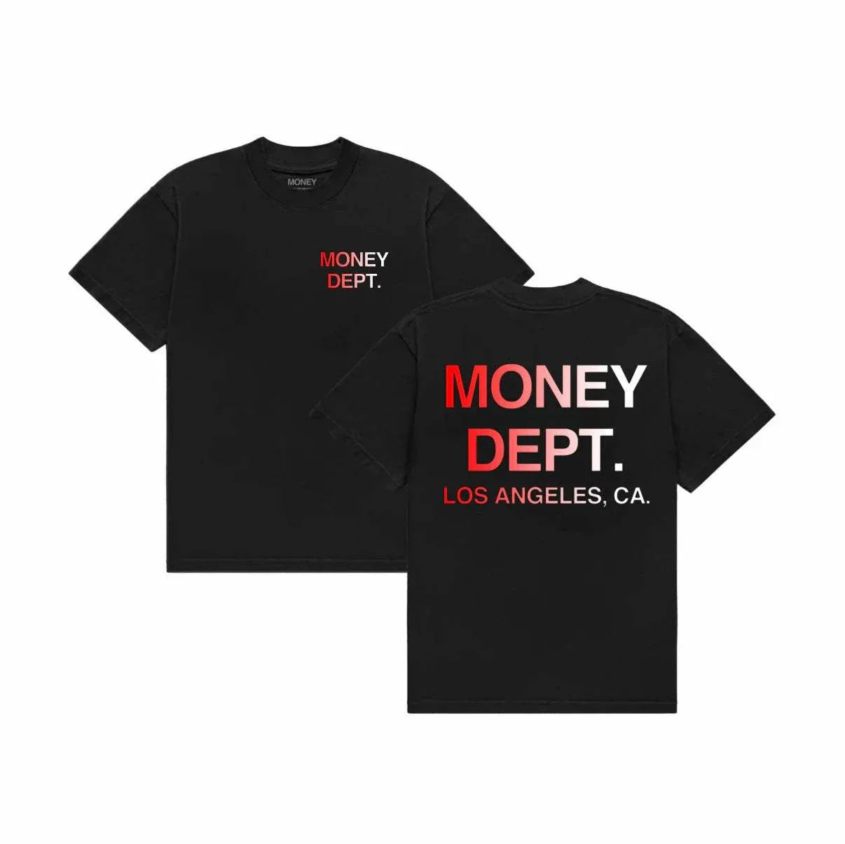 MONEY DEPT two tone black and red t-shirt with bold graphic design