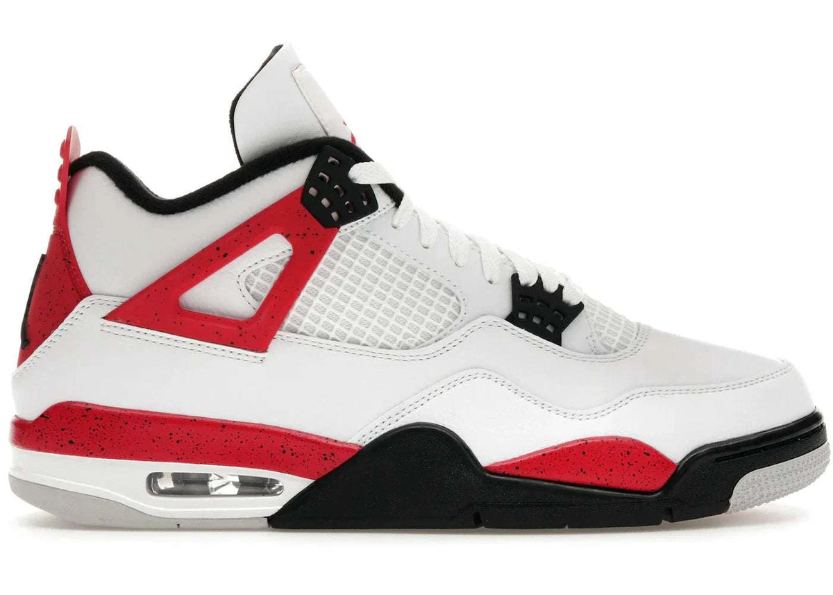 Jordan 4 Retro Red Cement sneaker in bold red and grey colorway on white background