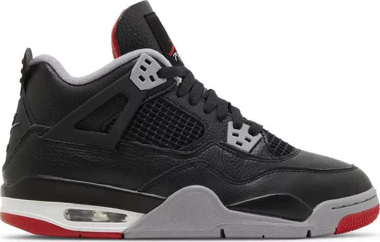 Jordan 4 Bred Reimagined GS sneaker in black and red for kids with modern design details