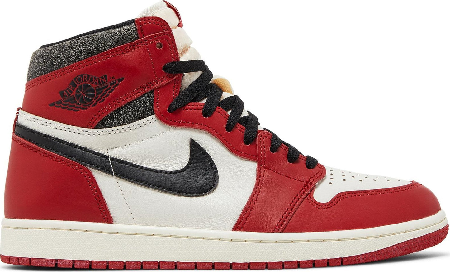 Side view of JORDAN 1 HIGH OG Chicago Lost and Found sneaker with red, white, and black colorway