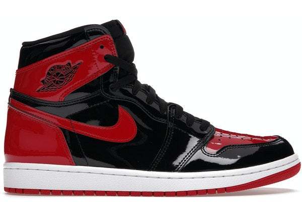 Glossy Jordan 1 Retro High OG Patent Bred sneaker in black and red with white sole