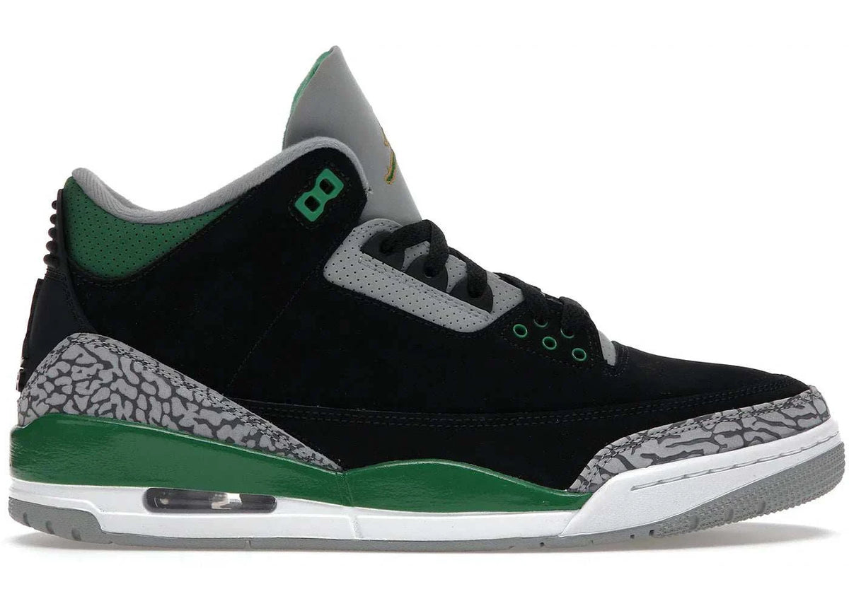 Jordan 3 Retro sneaker in Pine Green colorway with black, grey, and elephant print accents