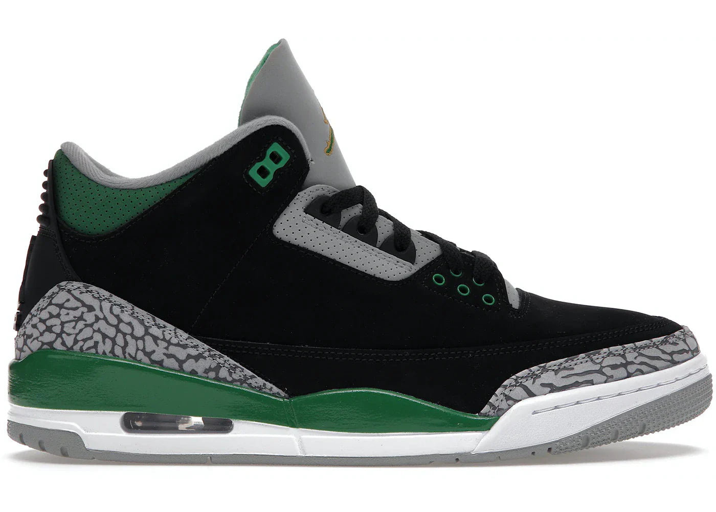 Jordan 3 Retro Pine Green (GS) sneaker with black, green, gray, and elephant print design