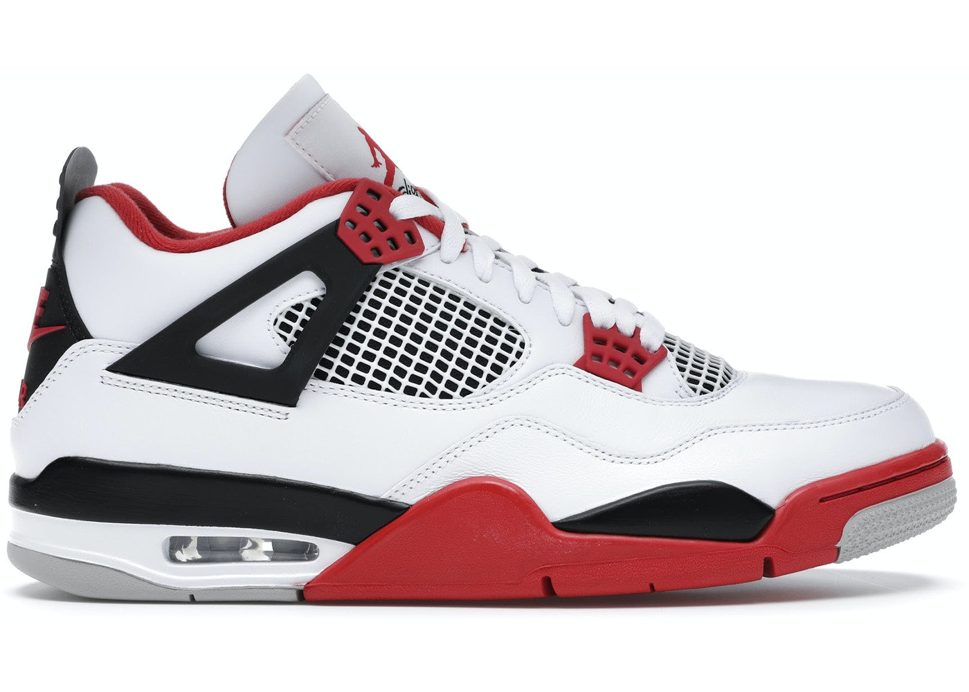 JORDAN 4 RETRO Fire Red sneaker in white, red, and black with iconic mesh and silhouette design