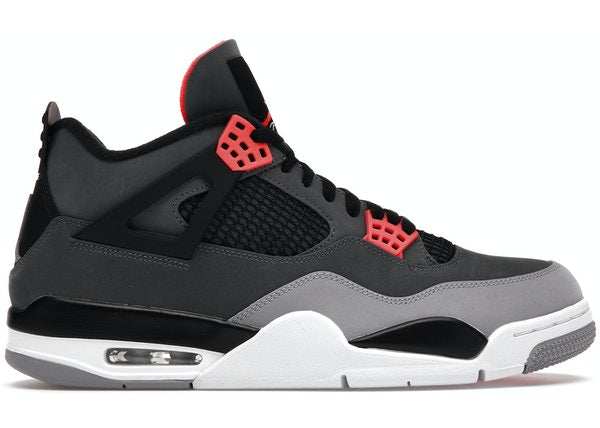 Side view of Jordan 4 Retro Infrared sneaker in black, grey, and red colorway