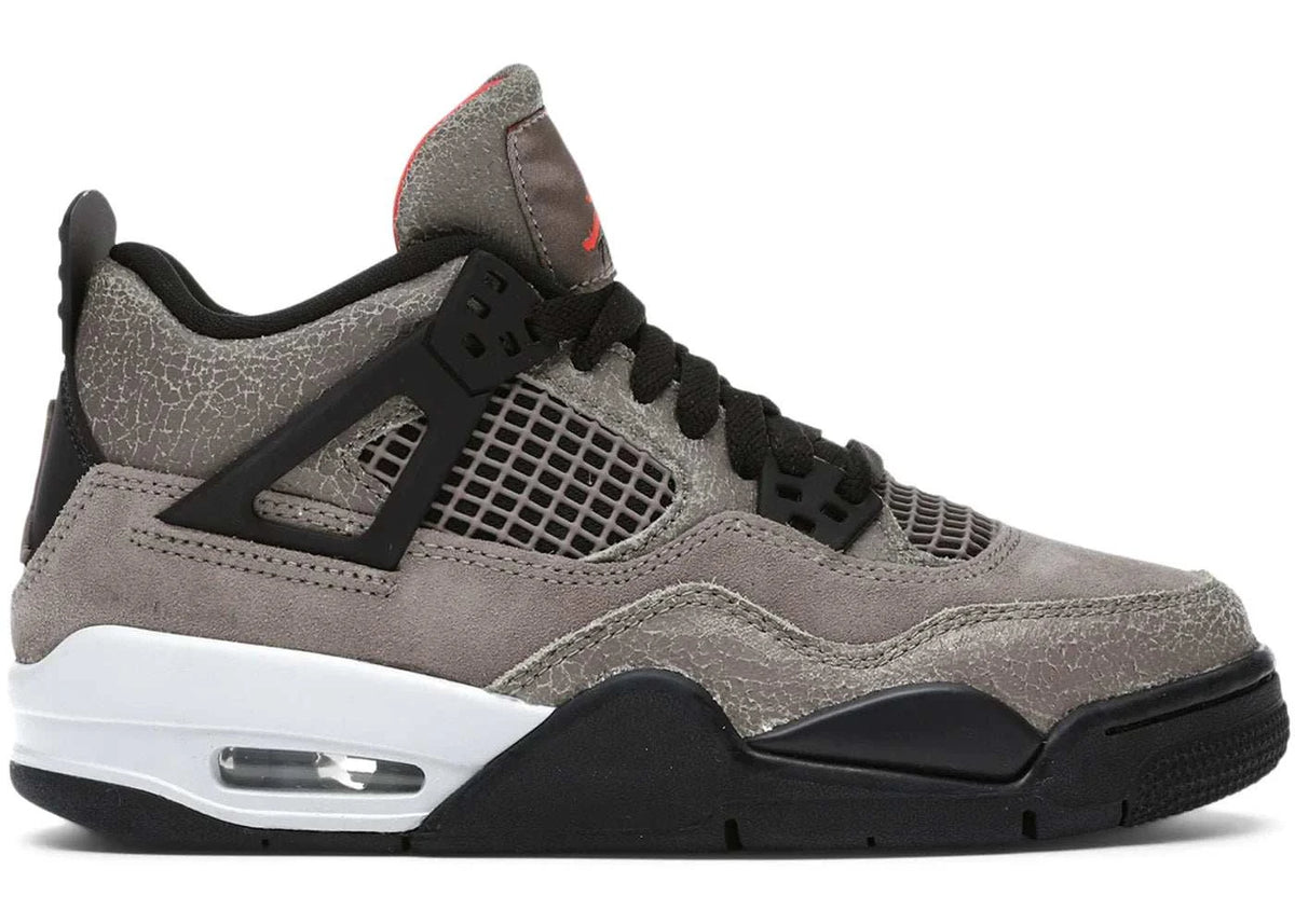 Jordan 4 Retro Taupe Haze sneaker side view with black and white sole