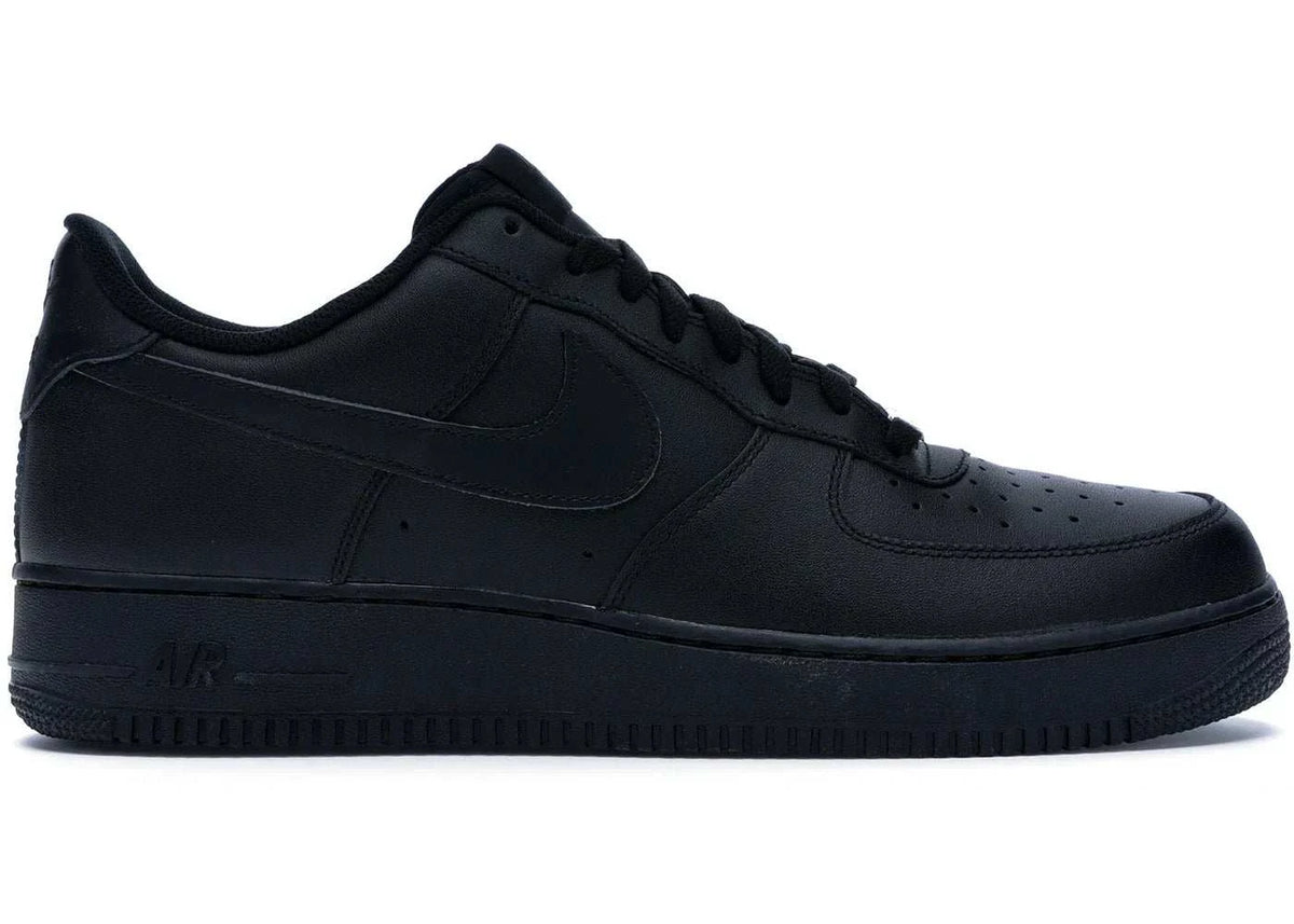 Black Air Force 1 Low sneaker side view with laces and Nike swoosh logo