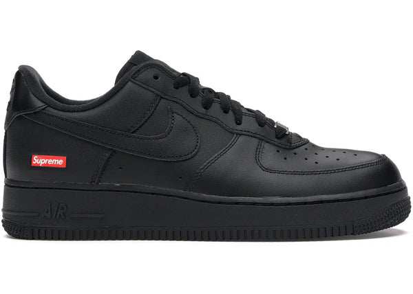 Black AIR FORCE 1 LOW Supreme sneaker with leather upper and red Supreme logo on side