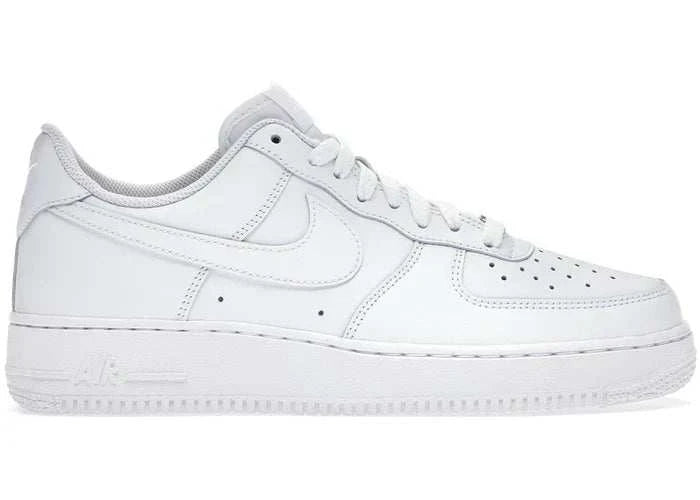 Side view of white AIR FORCE 1 LOW sneaker with low-cut silhouette and minimalist design.