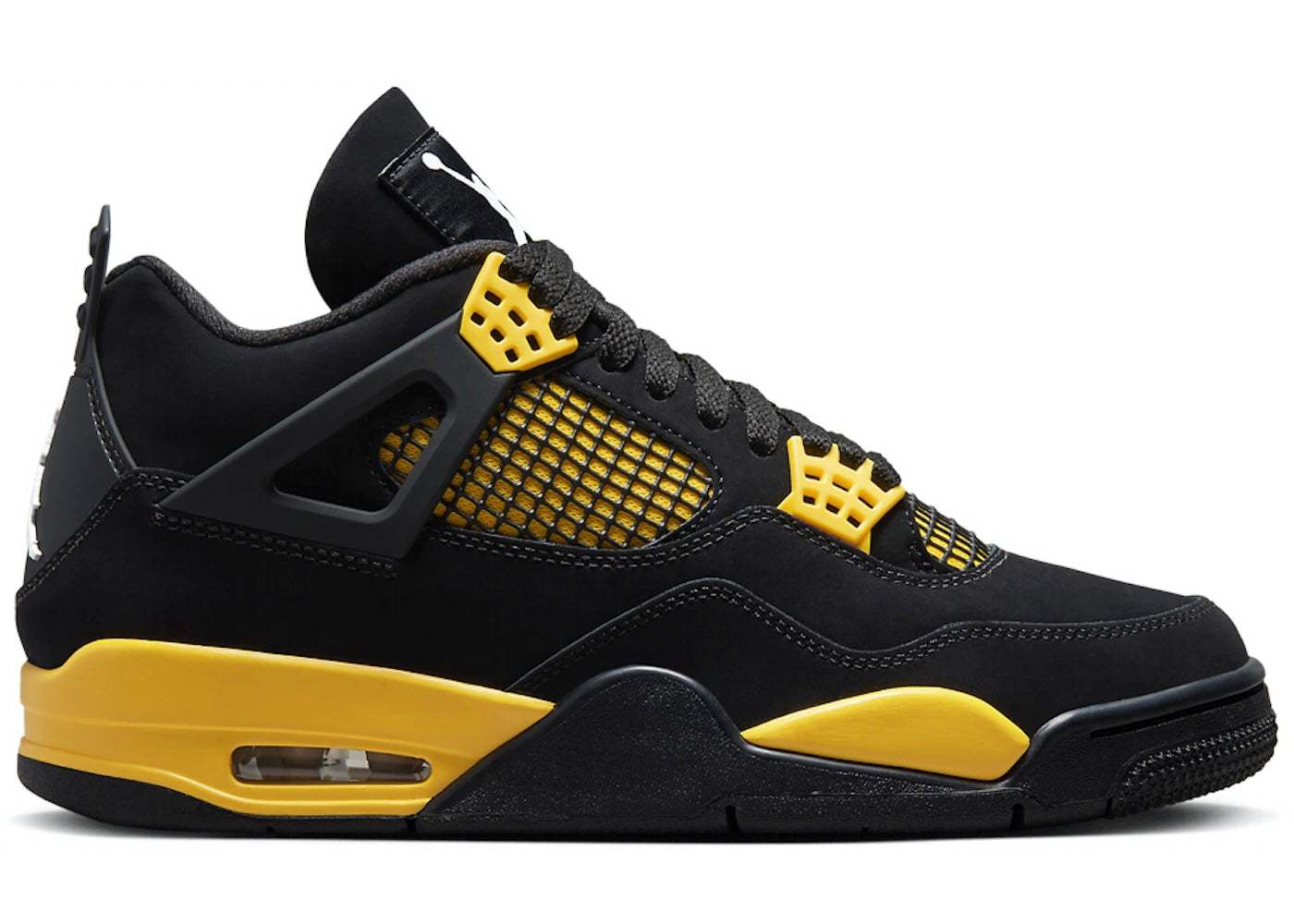 Jordan 4 Retro sneaker in black and vibrant Yellow Thunder colorway side view