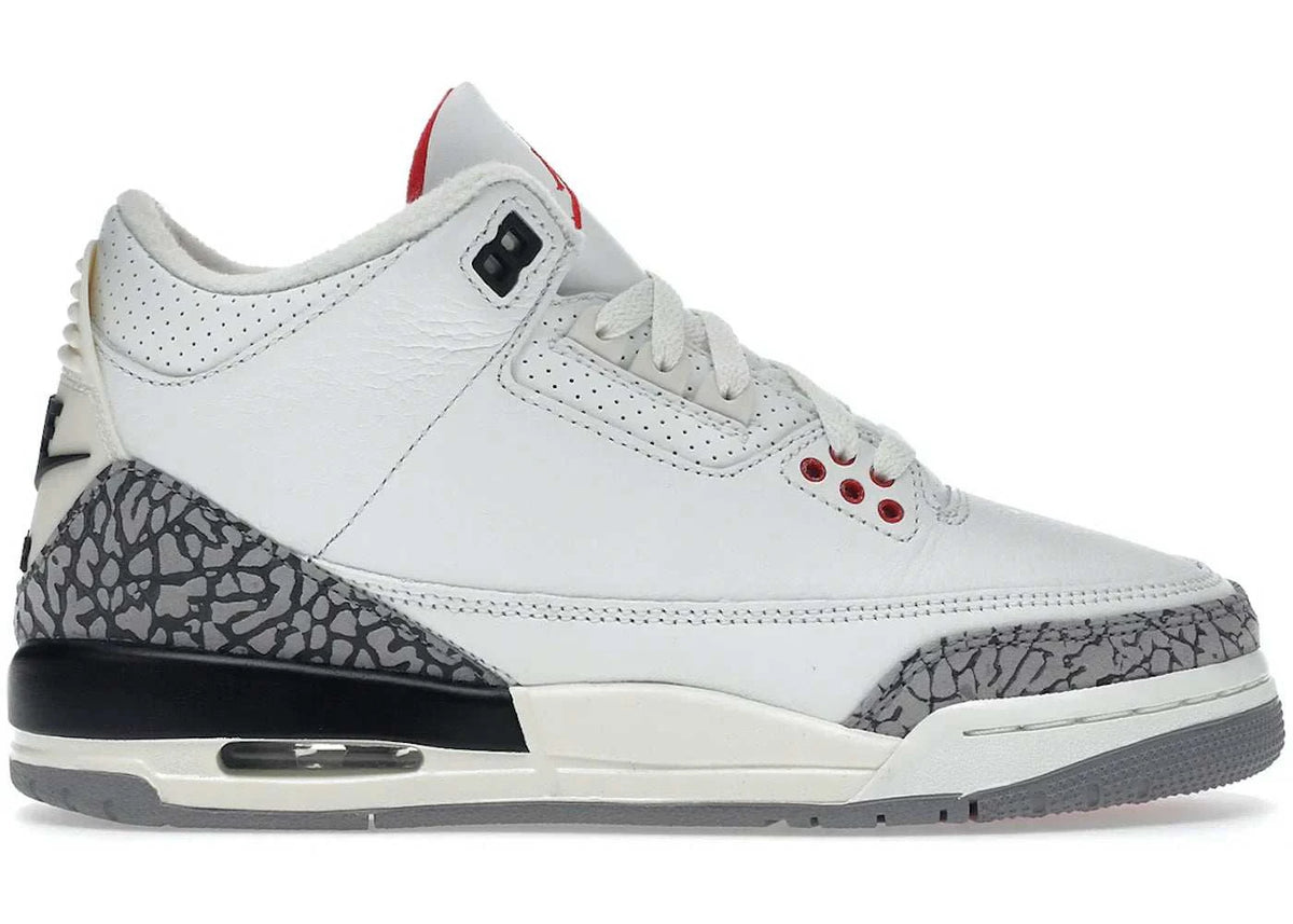 Jordan 3 Retro White Cement Reimagined GS sneaker with white leather and cement grey accents