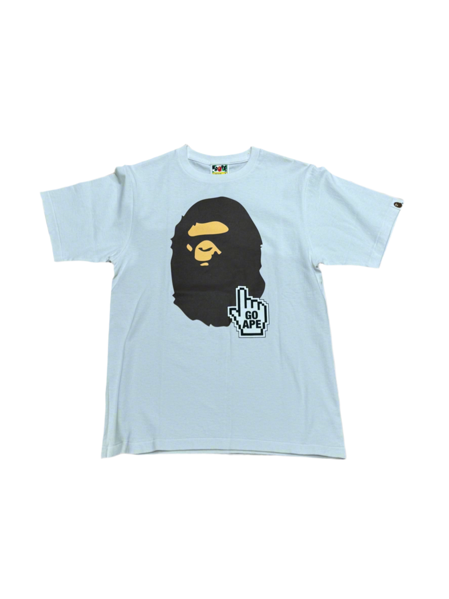 BAPE BIG HEAD GO BAPE LOGO WHITE TEE SHIRT