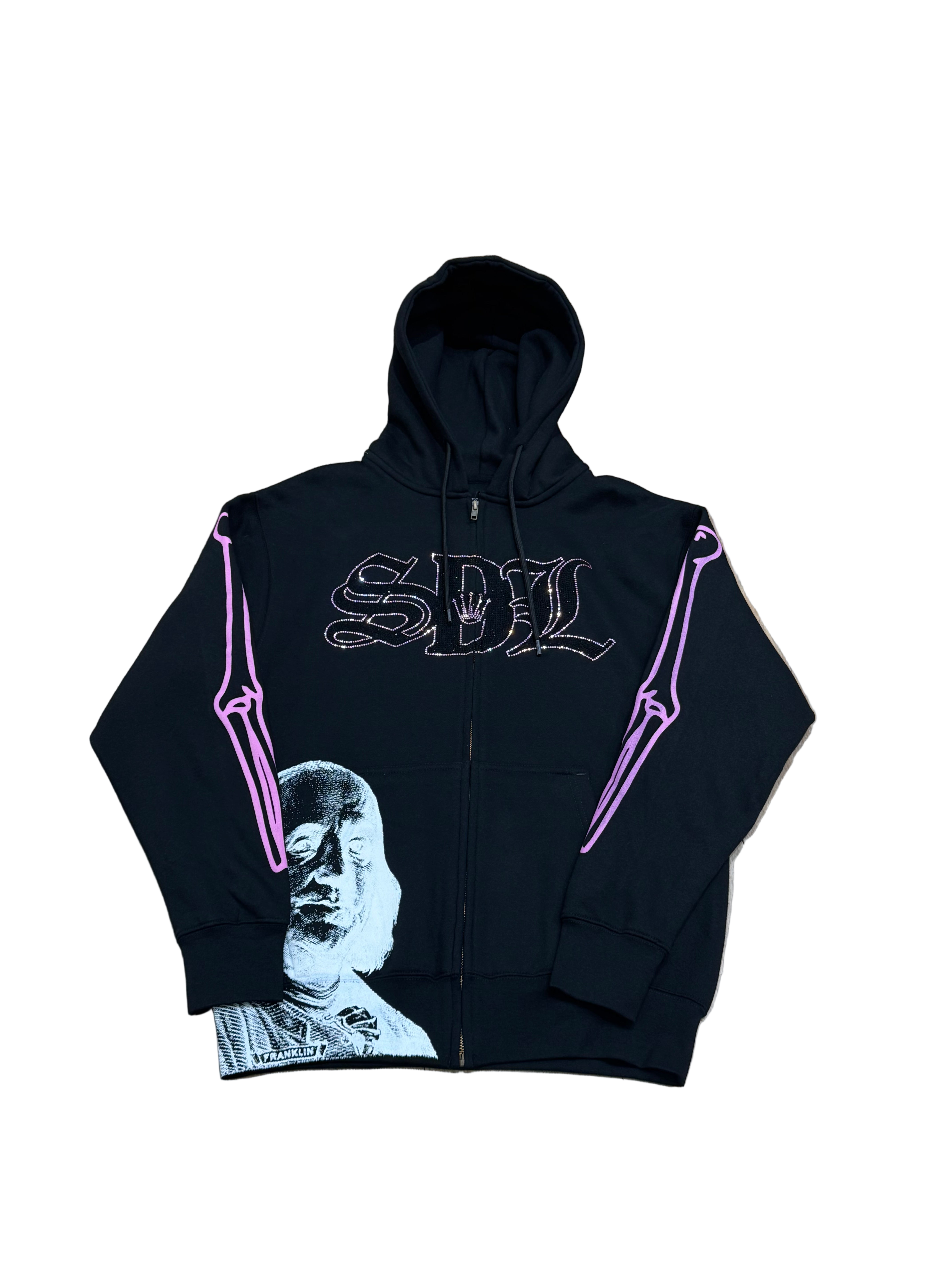 SKY DA LIMIT PINK/BLACK RHINESTONE VIRGIN MARY ZIP UP