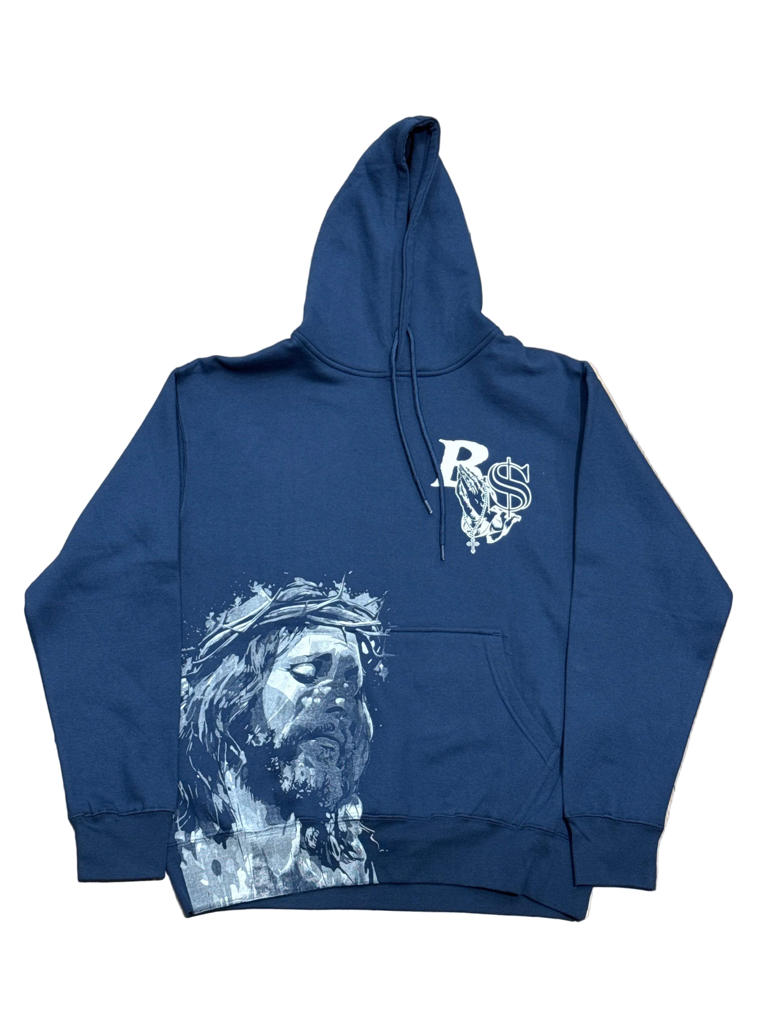 BLUE STRIPS WHITE JESUS/VIRGIN MARY BLUE HOODIE (SDL)