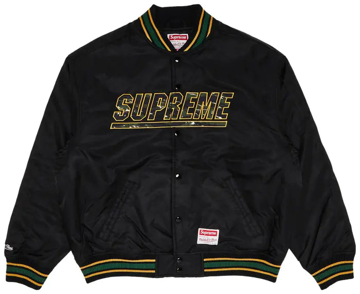 SUPREME X MITCHELL & NESS black camo varsity jacket with streetwear style and collaborative branding