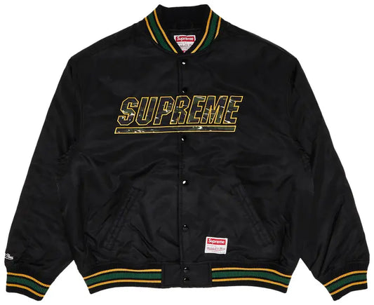 SUPREME X MITCHELL & NESS black camo varsity jacket with streetwear style and collaborative branding