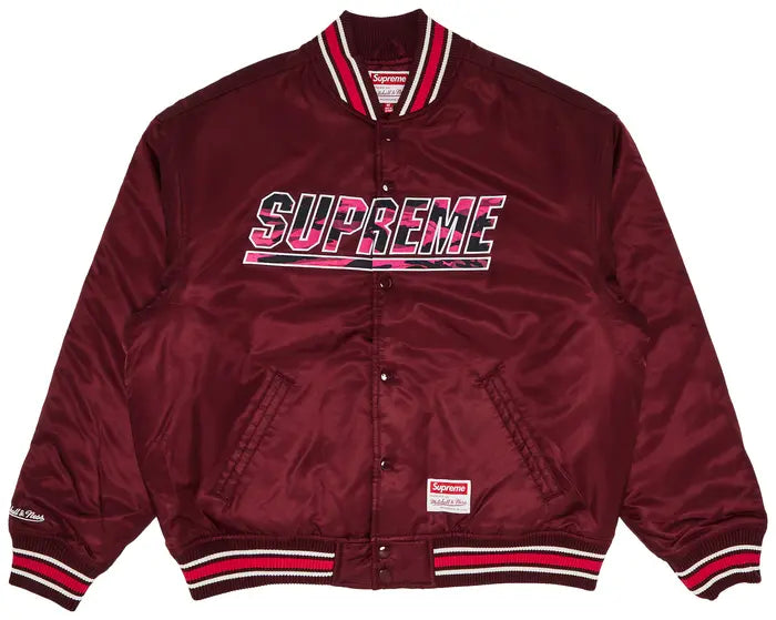 SUPREME X MITCHELL & NESS VARSITY CAMO JACKET 'BURGUNDY'