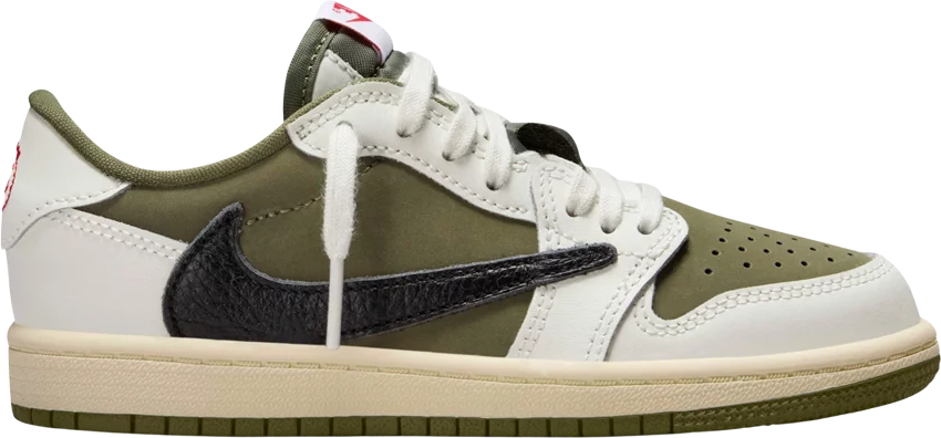 Jordan 1 Travis Scott Medium Olive toddler sneaker in earthy olive colorway with signature design accents