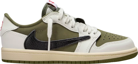Jordan 1 Travis Scott Medium Olive toddler sneaker in earthy olive colorway with signature design accents