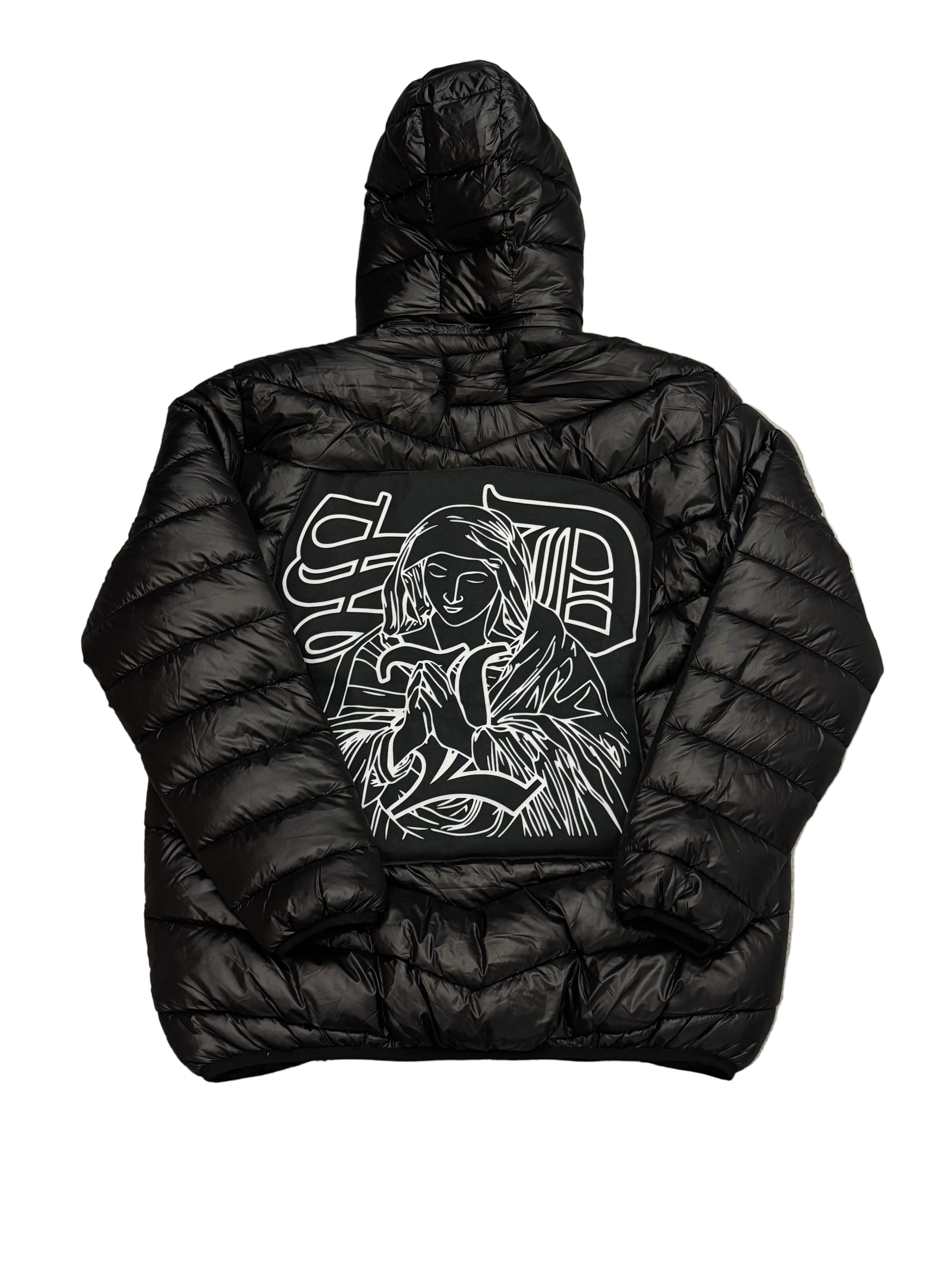 SKY DA LIMIT BLACK VIRGIN MARY PUFFER JACKET