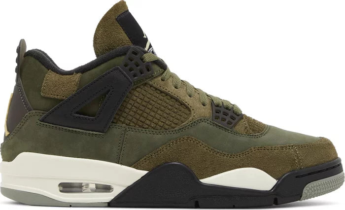 Jordan 4 Retro SE Craft sneaker in Medium Olive colorway showcasing a classic silhouette with earthy tones