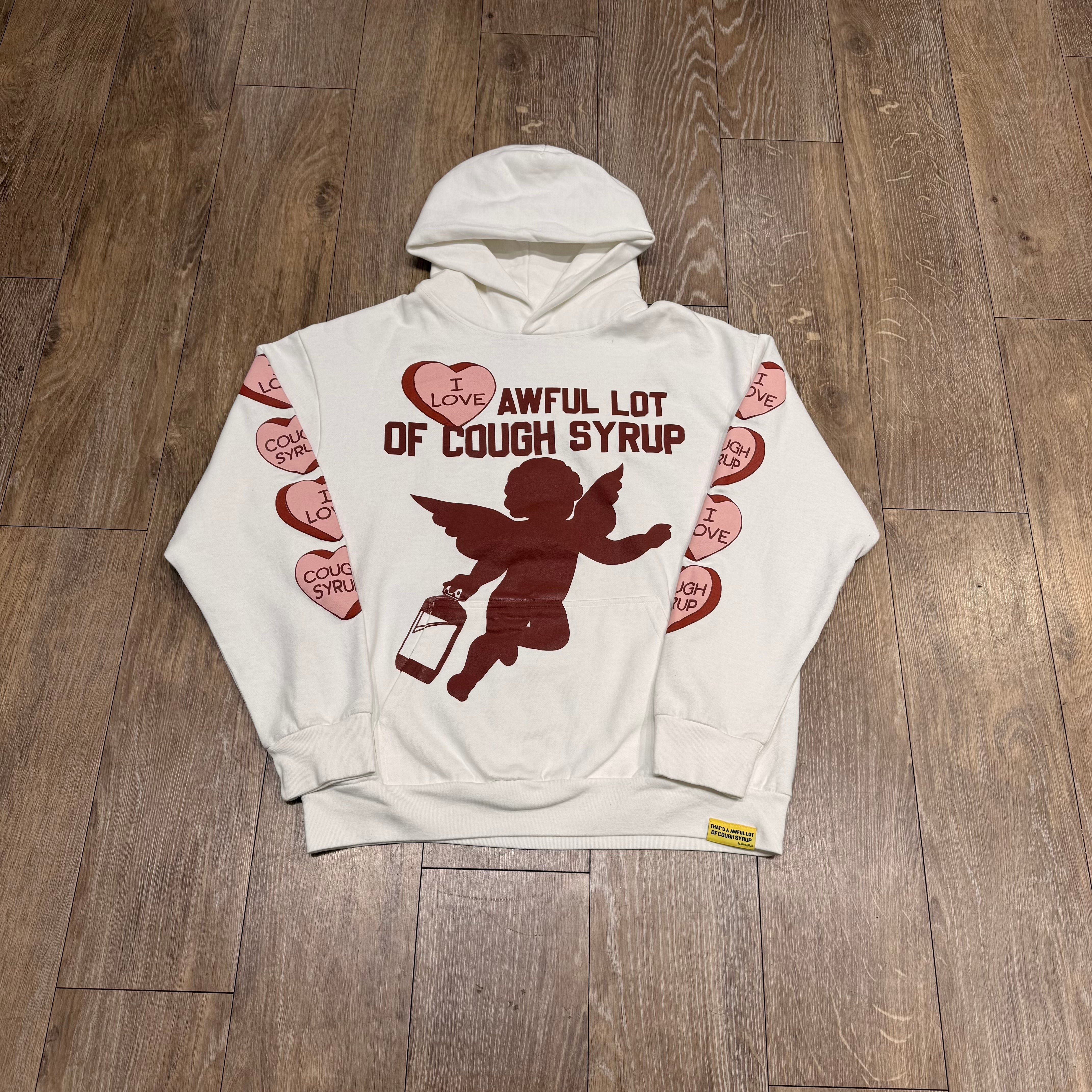 AWFUL LOT OF COUGH SYRUP VALENTINES WHITE HOODIE | LIGHTLY WORN