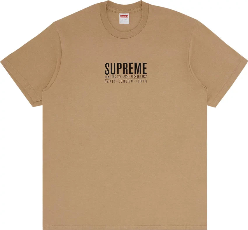 Supreme Paris Khaki Tee Shirt in minimalist Parisian streetwear style with versatile khaki color and clean silhouette