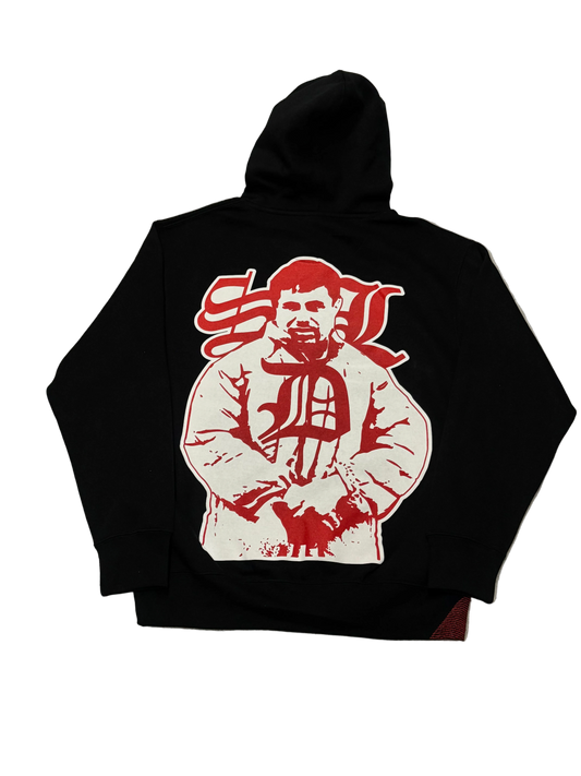 Sky Da Limit Black Hoodie with red and white chapo graphic on black fabric, urban streetwear style