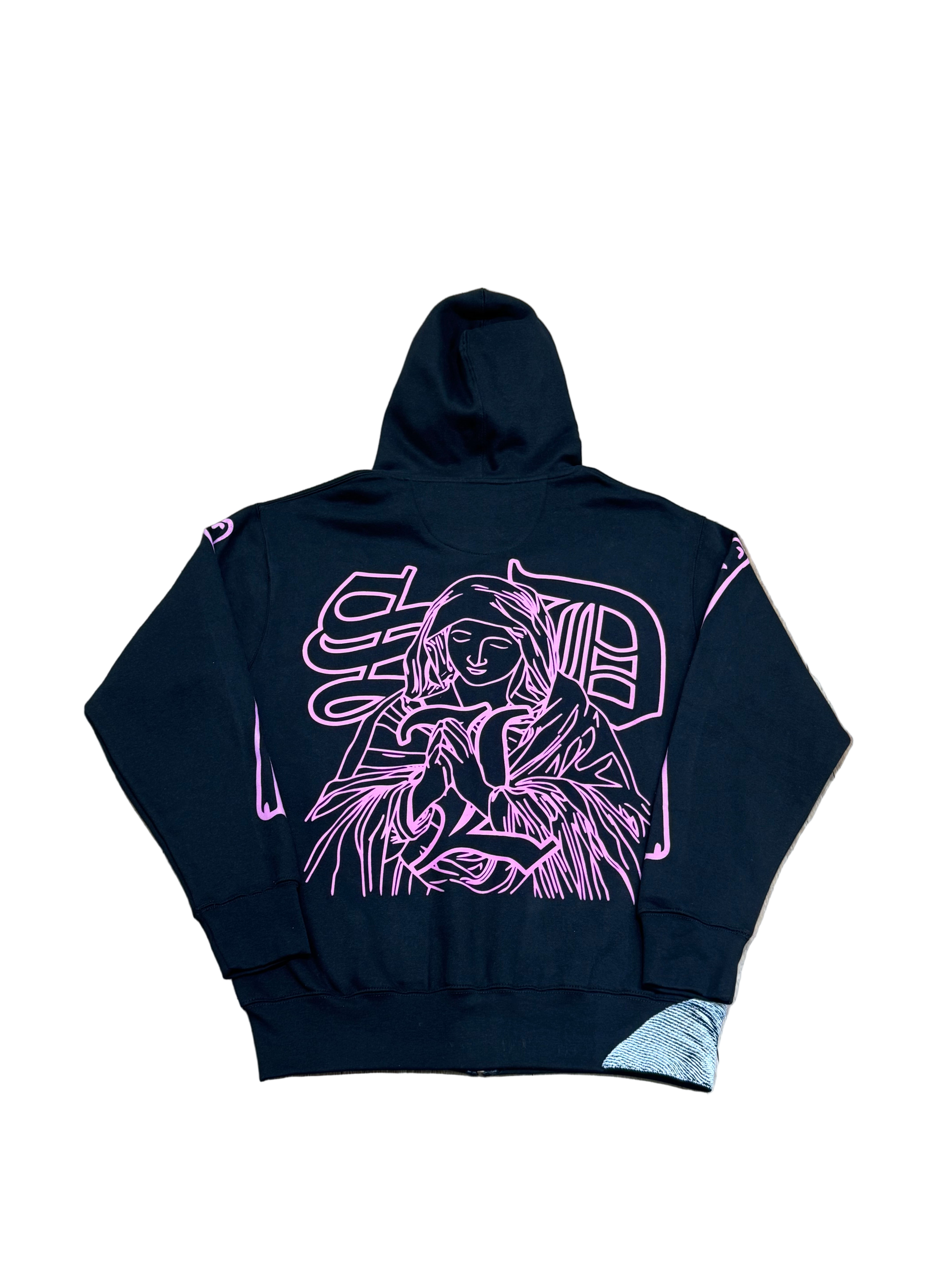 SKY DA LIMIT PINK/BLACK RHINESTONE VIRGIN MARY ZIP UP