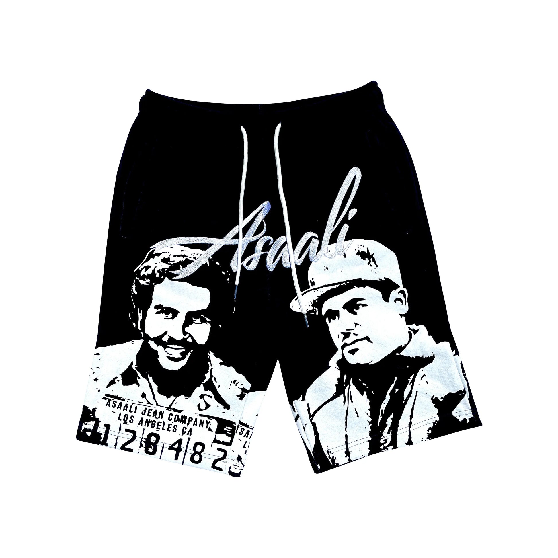 ASAALI OG CARTEL SHORTS in Oreo colorway with bold streetwear design
