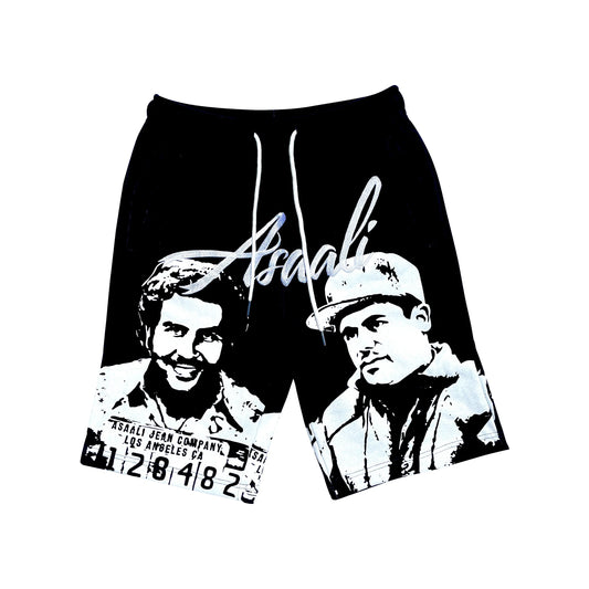 ASAALI OG CARTEL SHORTS in Oreo colorway with bold streetwear design