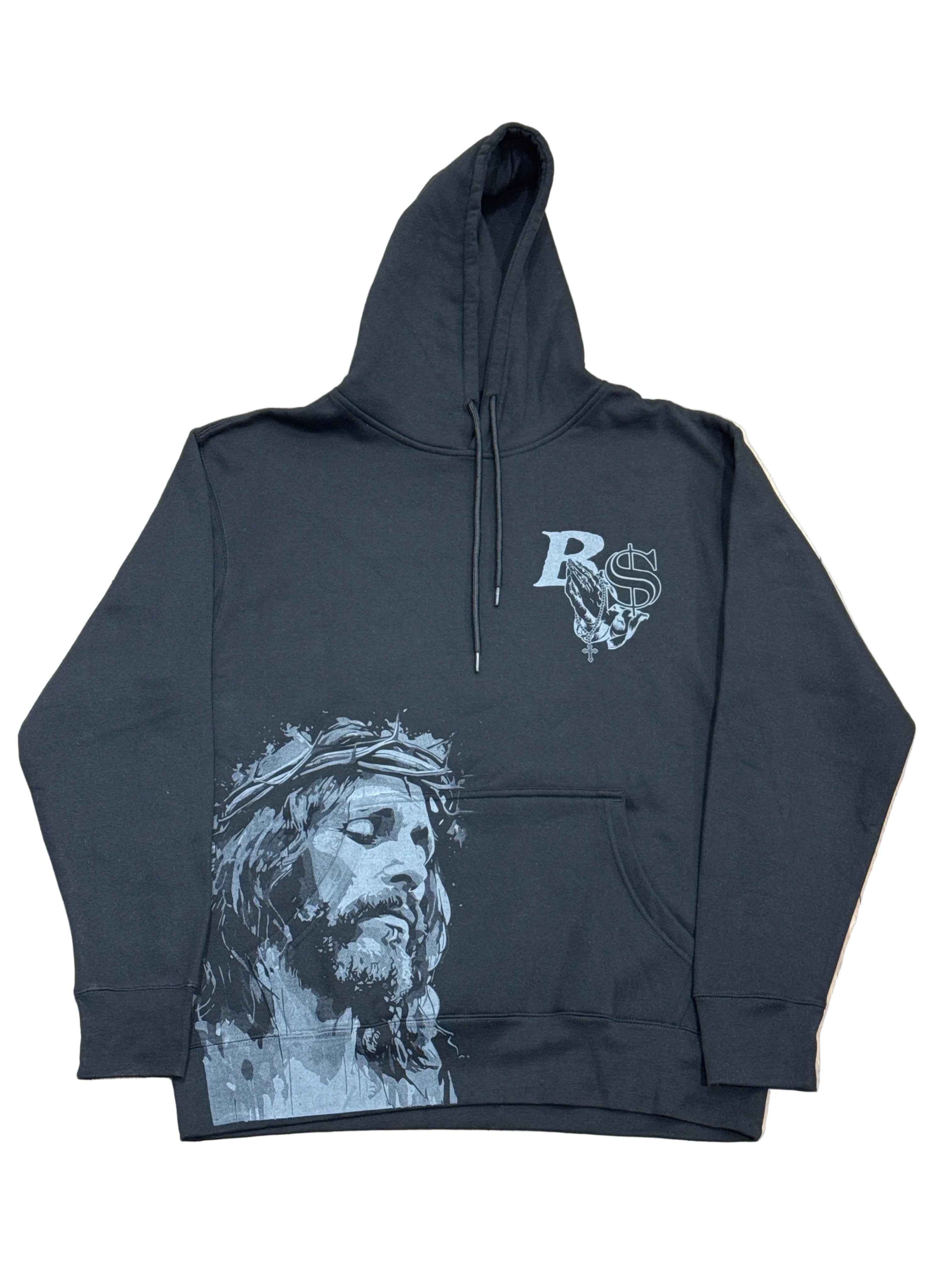 BLUE STRIPS GREY JESUS/VIRGIN MARY BLACK HOODIE (SDL)