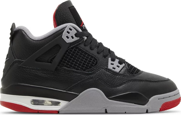 Jordan 4 Bred Reimagined GS sneaker in black and red for kids with modern design details
