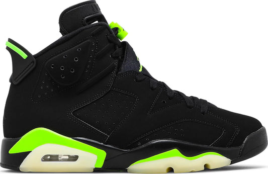 Black and electric green Jordan 6 'Electric Green' sneaker with neon accents and classic silhouette