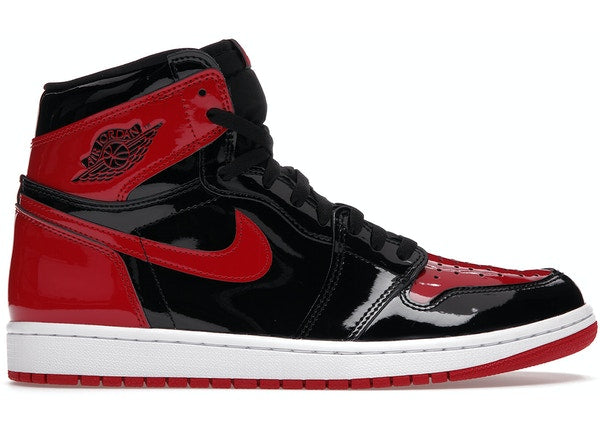 Glossy Jordan 1 Retro High OG Patent Bred sneaker in black and red with white sole