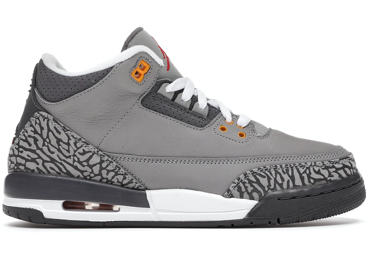 JORDAN 3 RETRO Cool Grey sneaker side view with elephant print accents and white laces