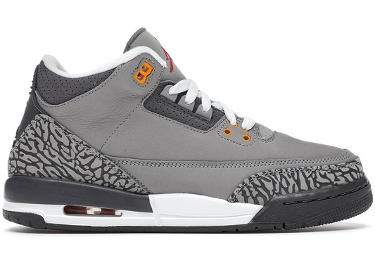 JORDAN 3 RETRO Cool Grey sneaker side view with elephant print accents and white laces