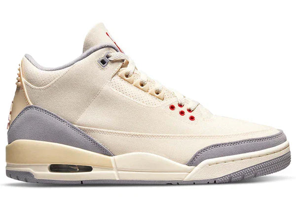 Jordan 3 Retro Muslin sneaker in versatile muslin tones with classic silhouette and red accents