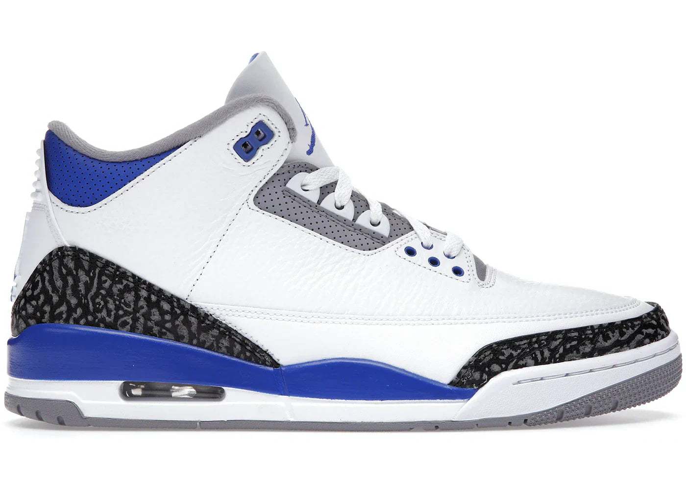 Side view of white and Racer Blue Jordan 3 Retro sneaker with gray and black detailing
