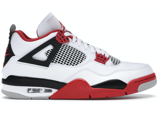Jordan 4 Retro Fire Red sneaker in white, black, and red colorway with mesh detailing and visible air sole unit