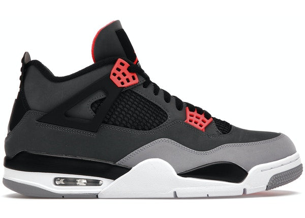 Side view of Jordan 4 Retro Infrared sneaker in black, grey, and red colorway