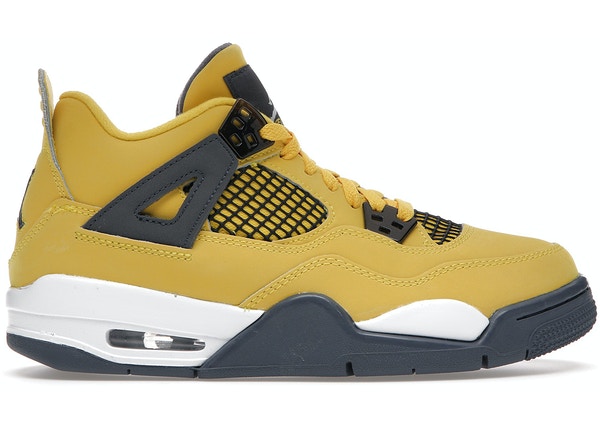 Side view of JORDAN 4 RETRO LIGHTNING (GS) sneaker in yellow and black with white sole