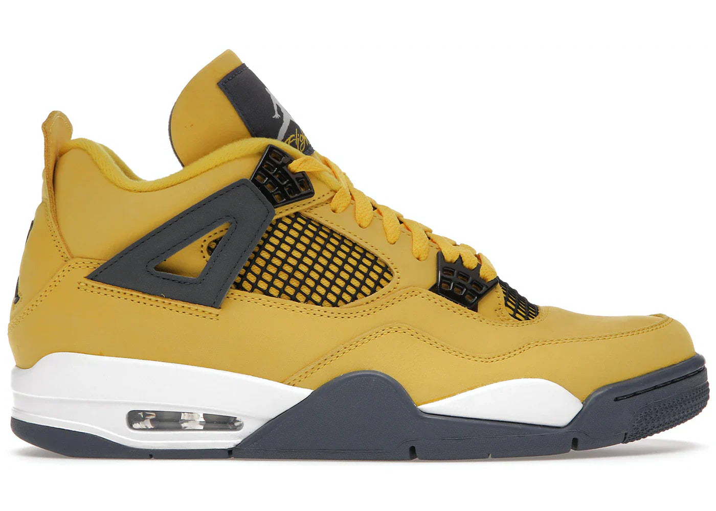 JORDAN 4 RETRO LIGHTNING yellow and black sneaker side view with white midsole and visible air unit
