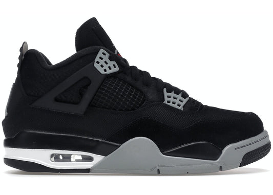 Black and grey Jordan 4 sneaker in canvas material side view
